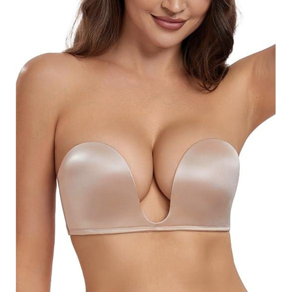 MSRP $39 HACI 36C Beige Plunge Deep U Strapless Bra Push Up Demi Everyday Seamle